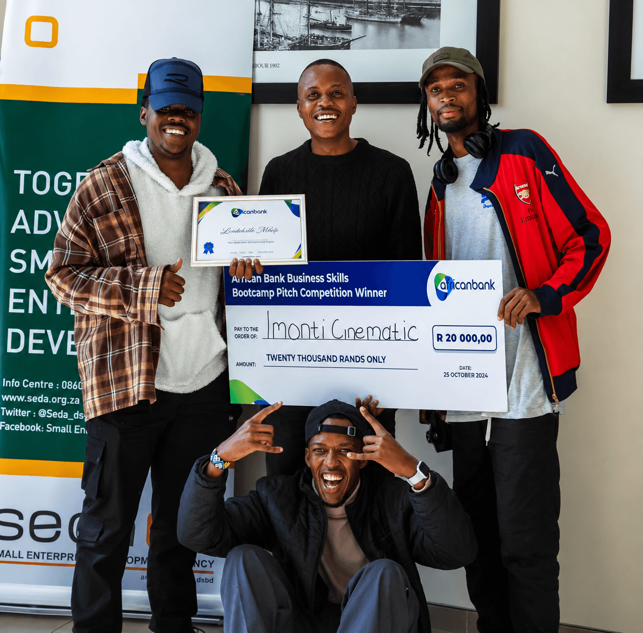 Imonti Cinematic Unit celebrating the African Bank Business Skills Bootcamp Pitch Competition win