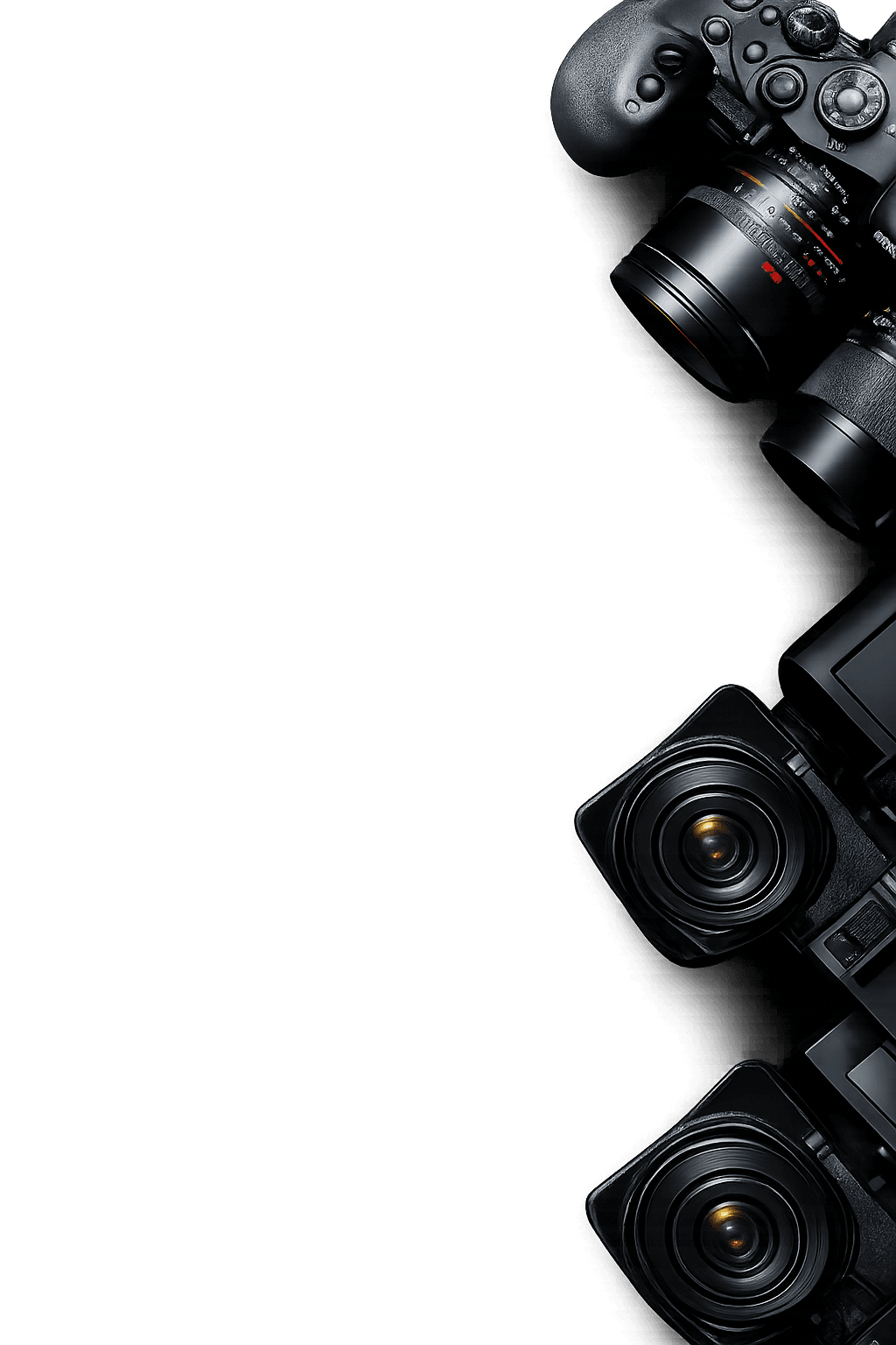 Cinema camera on a film set lit with dramatic golden light